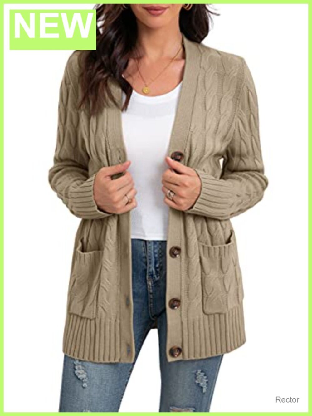 Womens Long Sleeve Cable Knit Button Cardigan Sweater with Pockets